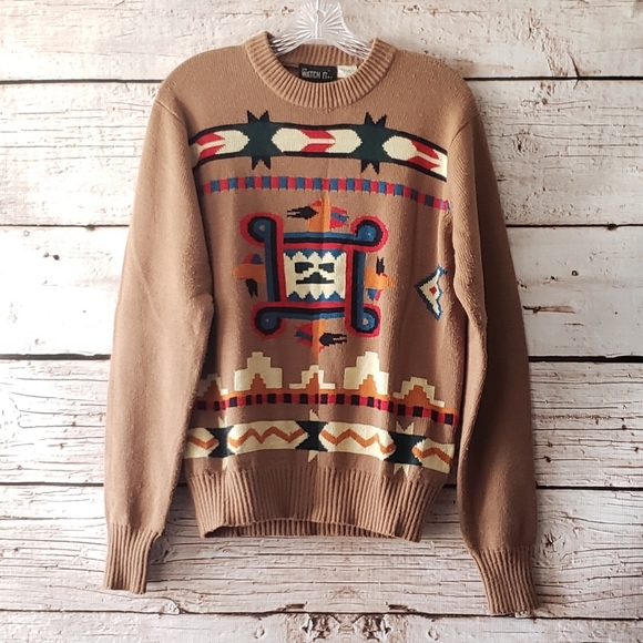 Vintage Sweaters - Vintage Aztec Print Acrylic Sweater Size Large